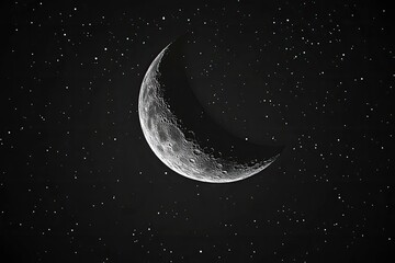 Detailed Crescent Moon in the night sky. Crescent Moon on black background with space for Ramadan theme , ai