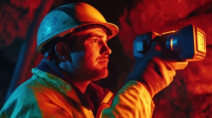 Mine engineer using a thermal camera to detect temperature changes in the mine, indicating potential hazards