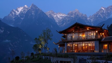 Wall Mural - In the Tiger Leaping Gorge scenic area of Lijiang, Yunnan Province, China, there is a B&B on the top of the mountain, large floor-to-ceiling glass, wooden structure, and stone, at the foot of the B&B 