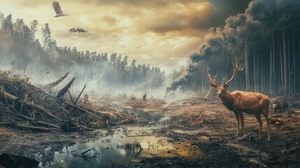 Wall Mural - amidst the destruction, a deer stands alone in a deforested area with rare wildlife threatened by ha