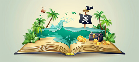 The Open magic fairytale book with pirate island scene, Illustration