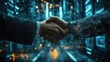 © MontichaSom - Handshake in a hightech office, digital data streaming on holographic displays, futuristic business world