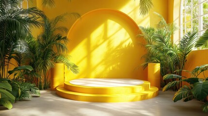 Wall Mural - 3D render of an empty stage with a yellow background, a cylinder podium, leaf shadows, and sunlight for a minimal product showcase.