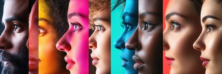Aufkleber - Faces of diverse individuals are separated by a striking line, highlighting differences and bias through vibrant color contrasts. Generative AI