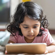 © mindstorm - Portrait of a cute indian preschooler girl lying on bed and playing with tablet computer