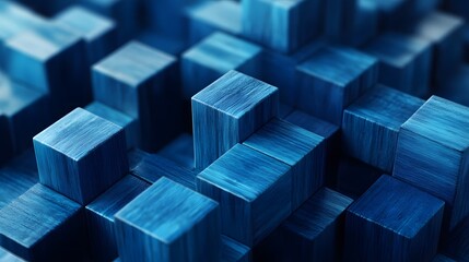 Futuristic abstract background featuring digital 3D render of blue wooden cubes, overlaid with blue matrix binary code