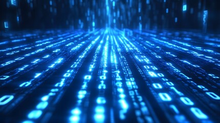 Digital 3D render of blue wooden cubes on a futuristic abstract background, highlighted by blue matrix binary code