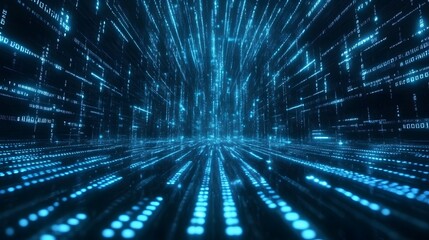 Digital 3D render of blue wooden cubes on a futuristic abstract background, highlighted by blue matrix binary code