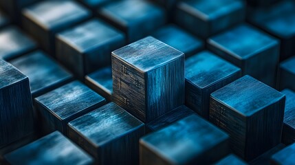 Futuristic abstract background featuring digital 3D render of blue wooden cubes, overlaid with blue matrix binary code