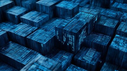 Digital 3D render of blue wooden cubes on a futuristic abstract background, highlighted by blue matrix binary code