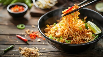 A bowl of noodles with chopsticks, a lime wedge, and chili peppers.