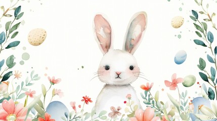 Wall Mural - Cheerful Easter design with a bunny and floral wreath, ideal for greeting cards or backgrounds.