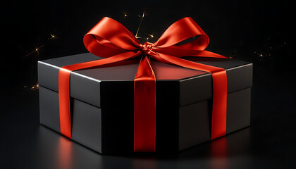 A luxurious gift box, on a solid black background, wrapped in sleek, matte black paper with a textured bow and feathers, creating a romantic luxury atmosphere. For anniversary, birthday presents