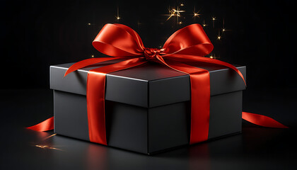 A luxurious gift box, on a solid black background, wrapped in sleek, matte black paper with a textured bow and feathers, creating a romantic luxury atmosphere. For anniversary, birthday presents