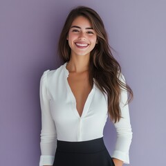 Wall Mural - Smiling woman in a white blouse and black skirt against a purple background.