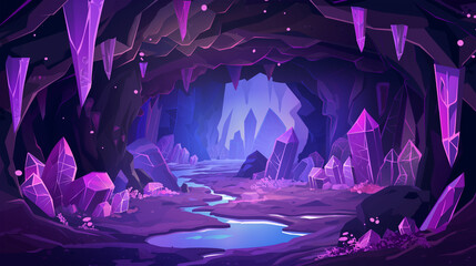 Wall Mural - A dark cave with purple crystals, game background, Illustration