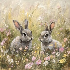 Wall Mural - Two adorable bunnies sitting in a field of wildflowers, looking at each other.