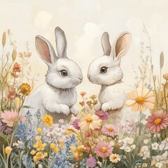 Wall Mural - Two white rabbits sitting in a field of wildflowers, looking at each other.