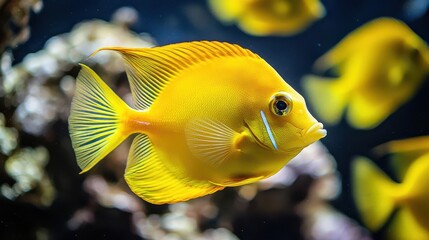 Wall Mural - Vibrant yellow fish swimming gracefully in an aquarium, showcasing its bright colors against a colorful underwater backdrop