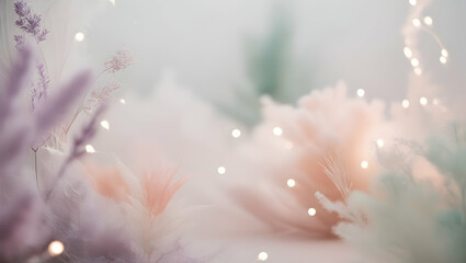 Ethereal Floral Glow: Delicate white flowers entwined with fairy lights create a dreamy, pastel-hued background. 