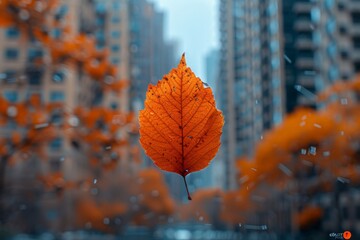 Wall Mural - A close-up of an autumn leaf floating in the air, with blurred buildings and trees in the background