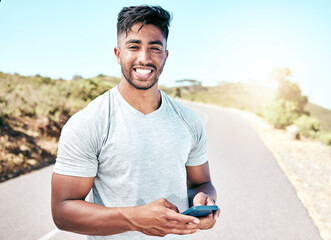 Poster - Portrait, cellphone and man with smile, fitness and proud of muscle, outdoor and chat of runner on road. Confident, sporty and wellness of athlete with workout, mobile and texting of healthy person