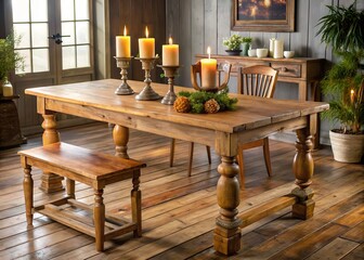 Wall Mural - American farmhouse rustic reclaimed wood table distressed finish candlelight dinner parties antique decor country style