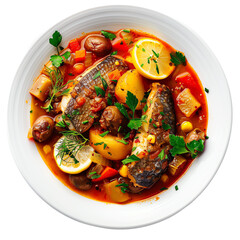 Delicious gourmet fish stew with vegetables in a white bowl, garnished with lemon and fresh herbs, perfect for a healthy meal., transparent background