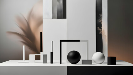 Wall Mural - Minimalist Geometry: A study in contrasts, this image features black and white geometric shapes arranged artfully on a monochrome surface.