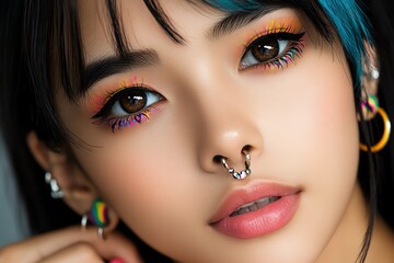 Piercing with a vibrant, colorful theme, captured in a photo where piercings are adorned with brightly colored jewelry, adding a playful and lively touch to the overall appearance