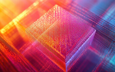 Wall Mural - vibrant geometric abstract artwork, featuring a glowing glass cube surrounded by a network of multic