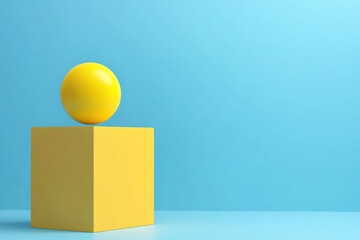 Wall Mural - minimalistic yellow sphere on a yellow cube against a blue background, showcasing modern geometric s