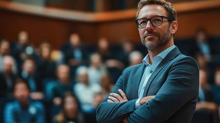 A handsome businessman with glasses stood with his hands folded before the audience