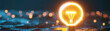 © tonstock - Vintage incandescent light bulb glowing warmly, set against a dark backdrop with soft bokeh lights, creating an atmosphere of innovation and creativity.