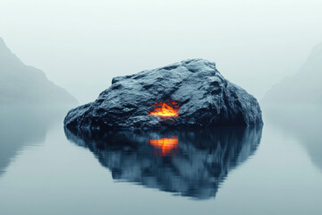 Poster - Solitary rock with glowing center on still water, surrounded by misty mountains, evokes calm and mystery in a serene landscape.