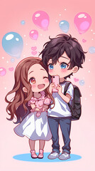 Canvas Print - Chibi anime style dating couple. Cute anime. Vertical love icon background