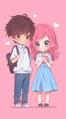 Canvas Print - Chibi anime style dating couple. Cute anime. Vertical pink background