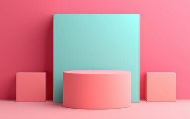 Wall Mural - Geometric shapes in vibrant pink and blue tones creating a minimalistic, modern background for design, advertising, art, or presentation purposes.