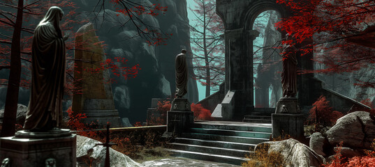 The Gothic scenery with old statue, game background, Illustration