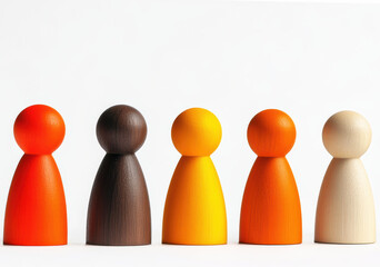 Colorful wooden figures arranged in a row, showcasing diversity and simplicity in a minimalist design against a white background.