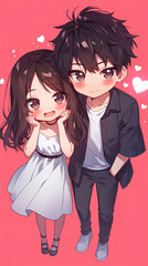 Wall Mural - Chibi anime style dating couple. Cute anime. Vertical pink background