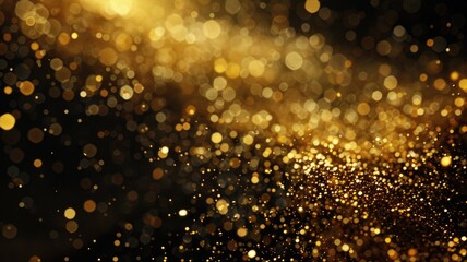 Golden bokeh lights on dark background. Abstract digital art for design with glowing and golden glittering texture. Luxury and elegant concept. Black background. Warm and festive atmosphere. AIG53.