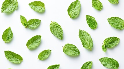 Wall Mural - Fresh mint leaves scattered on a light background, showcasing their vibrant green color.