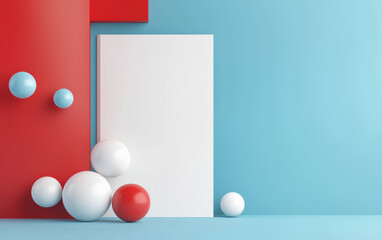 Wall Mural - minimalist geometric design with white canvas, red and blue spheres on a colorful background. modern
