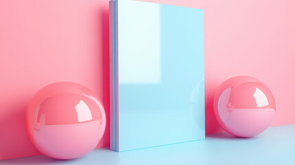 Modern minimalistic composition featuring a bright, reflective glass panel and two glossy pink spheres on a pastel background. Abstract and contemporary art.