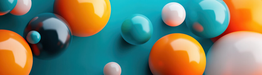 Wall Mural - abstract close-up of colorful, glossy spheres in various sizes against a turquoise background, creat