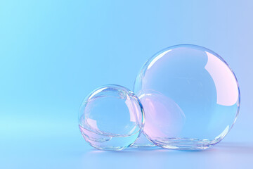 Two transparent bubbles on a smooth blue gradient background, showcasing simplicity and elegance in a minimalist style.