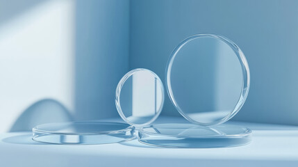 Wall Mural - minimalist abstract composition with geometric glass shapes on a light blue background, emphasizing 