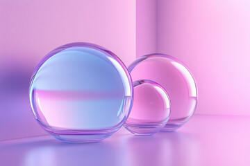 Wall Mural - three transparent glass spheres with a gradient of pink to blue hues on a pastel background, creatin
