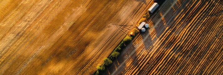 Poster - Aerial perspective of a wheat field and grain storage structures on a farm during sunset.